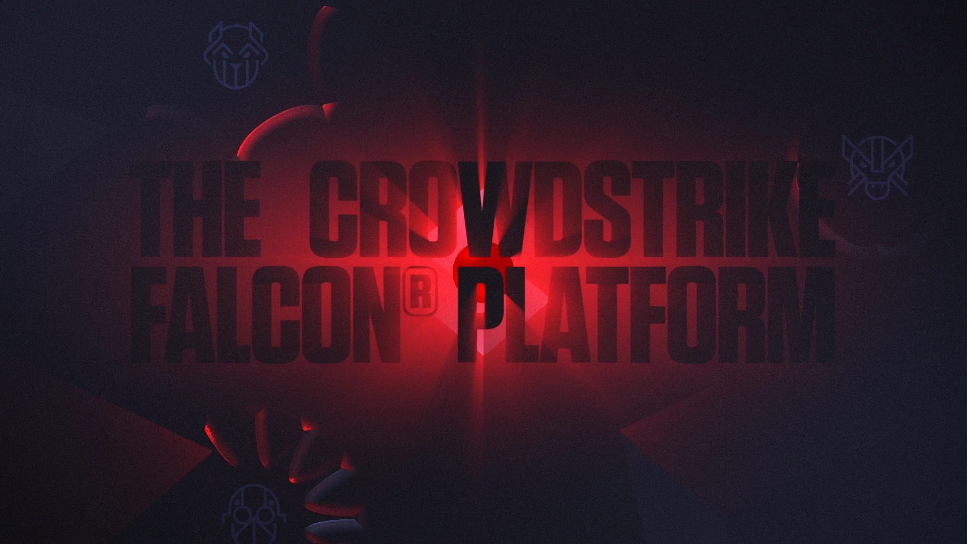 CrowdStrike Brand System by Eido. Dark background with red spotlight illuminating bold text: 'THE CROWDSTRIKE FALCON PLATFORM' and faint tech-themed graphic icons.