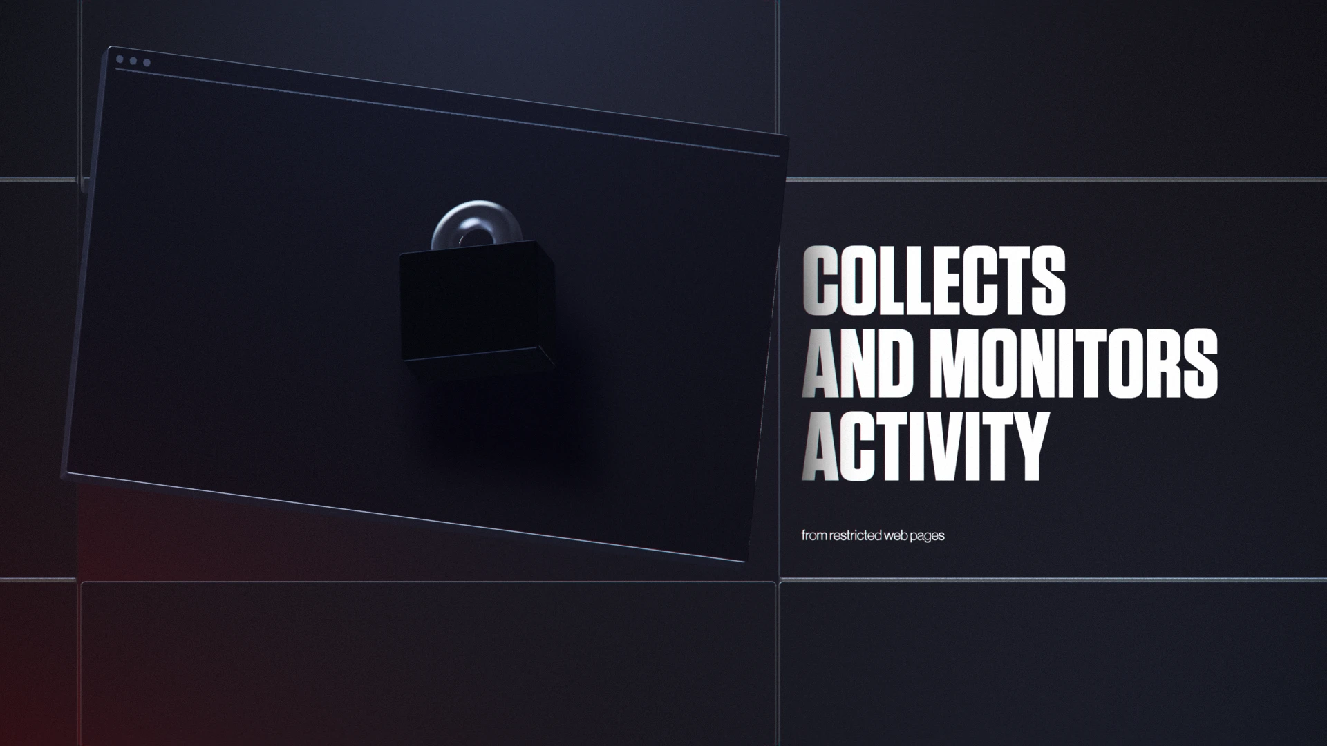 CrowdStrike Brand System by Eido. Dark screen with a black padlock icon and text saying 'Collects and monitors activity from restricted web pages.'