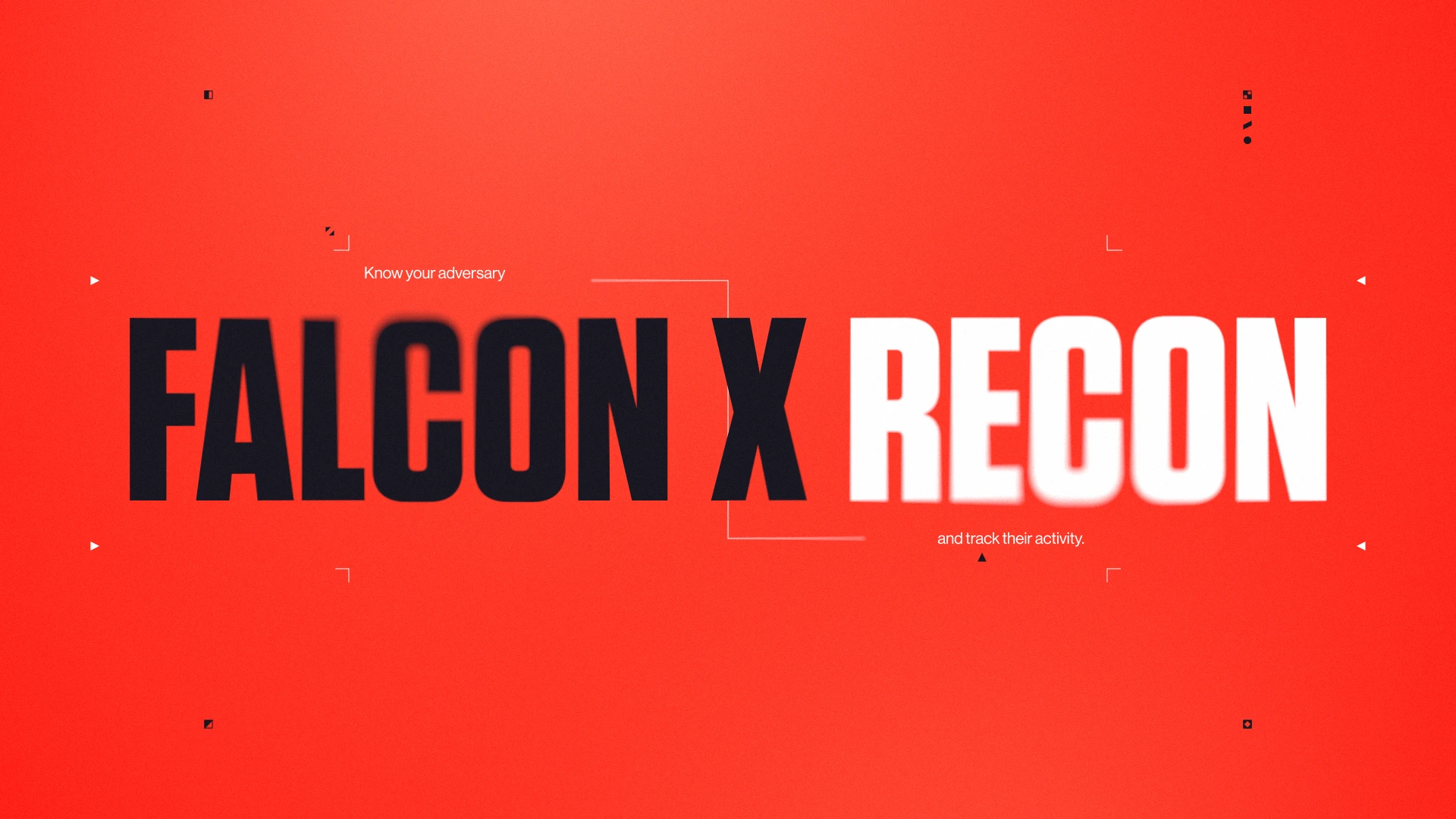 CrowdStrike Brand System by Eido. Black and white text on red background reading 'FALCON X RECON' with smaller text saying 'Know your adversary and track their activity.'