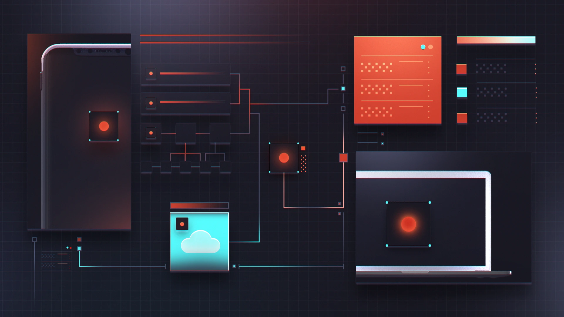 CrowdStrike Falcon Platform Design by Eido. Digital illustration showing connected devices including a smartphone, laptop, and cloud, linked by glowing red and blue circuit lines on a dark grid background.