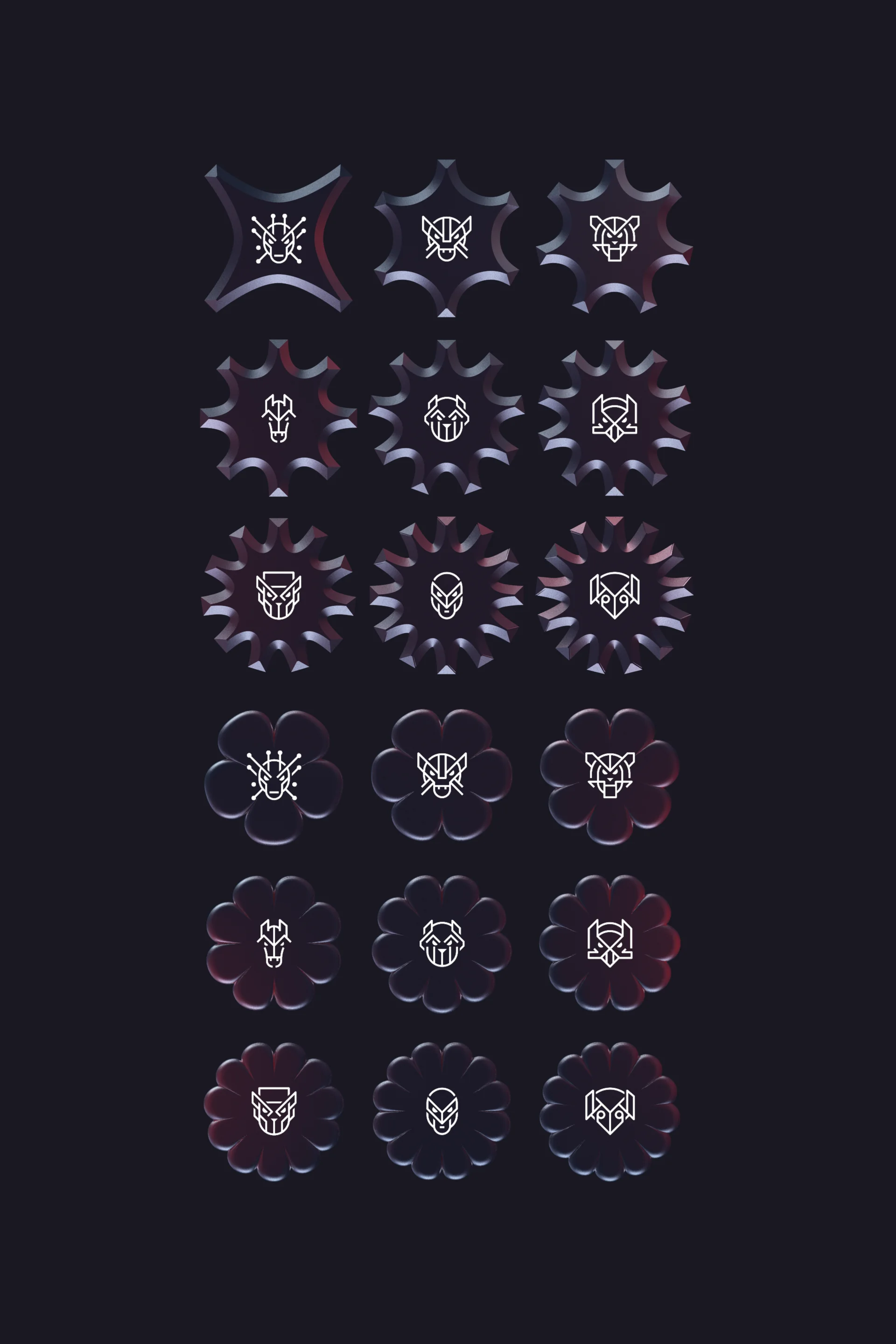 CrowdStrike adversaries and cyber threats. Grid of 18 white line icons of stylized animal and robotic faces each inside various dark geometric shapes on a black background.