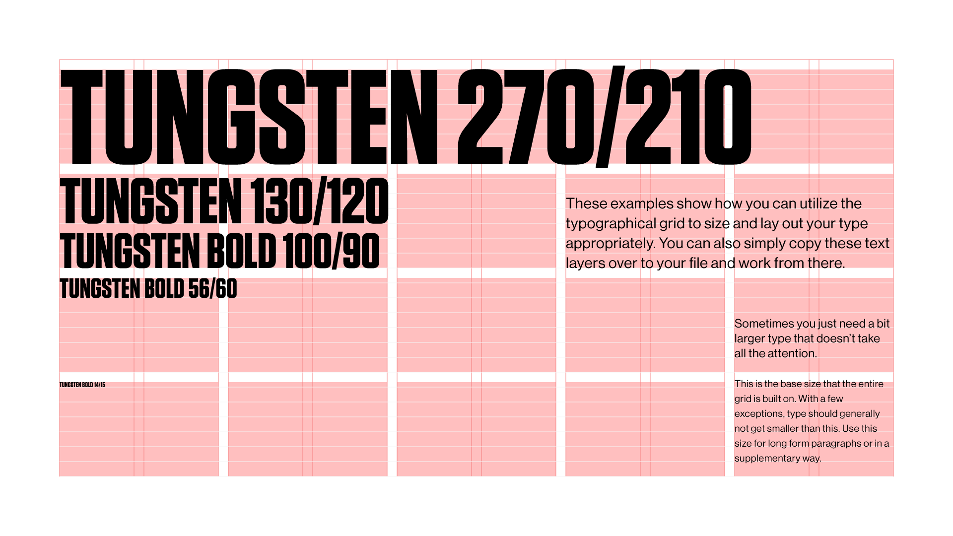 CrowdStrike brand system typography grid example showing various sizes of Tungsten font weights with guidance on using the grid to size and lay out type.