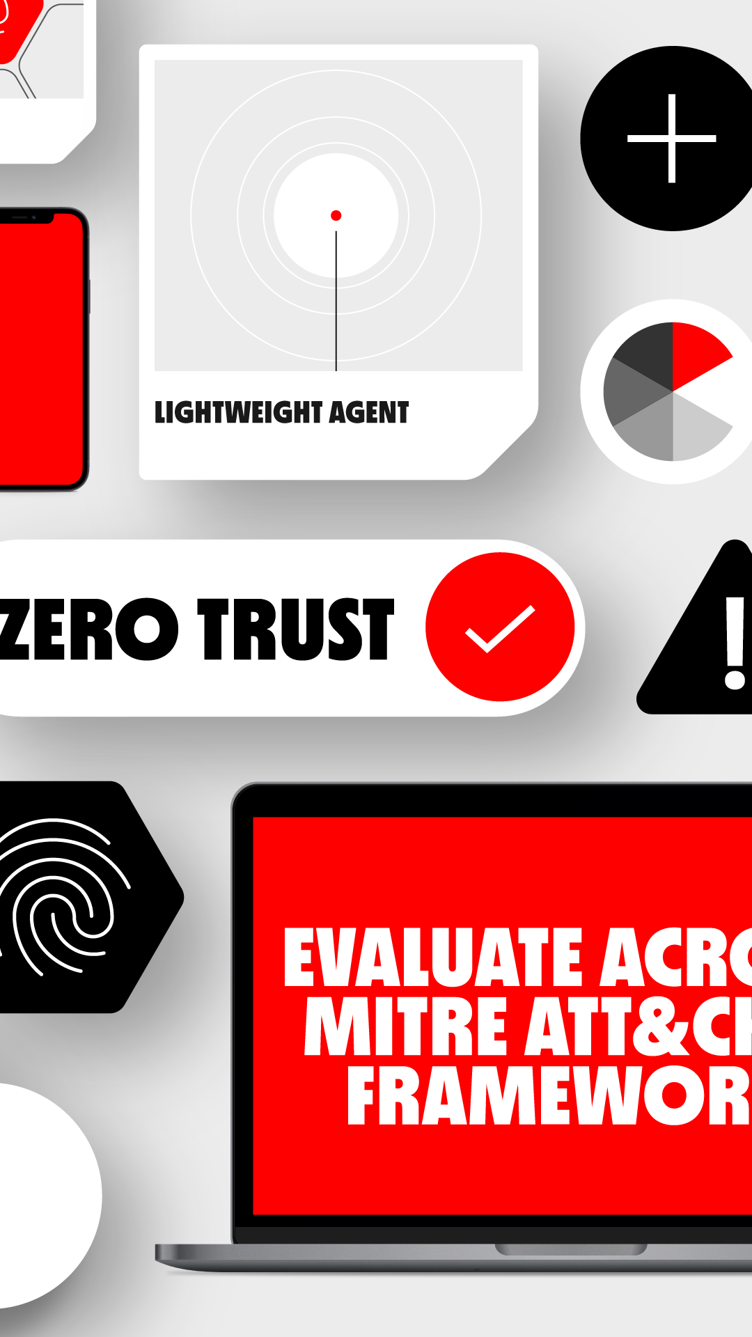 CrowdStrike social and OOH conference banner design. Icons and text blocks related to cybersecurity including a radar screen labeled Lightweight Agent, a checkmark next to Zero Trust text, a fingerprint icon, and a laptop displaying 'Evaluate across MITRE ATT&CK frameworks' in bold white text on a red background.