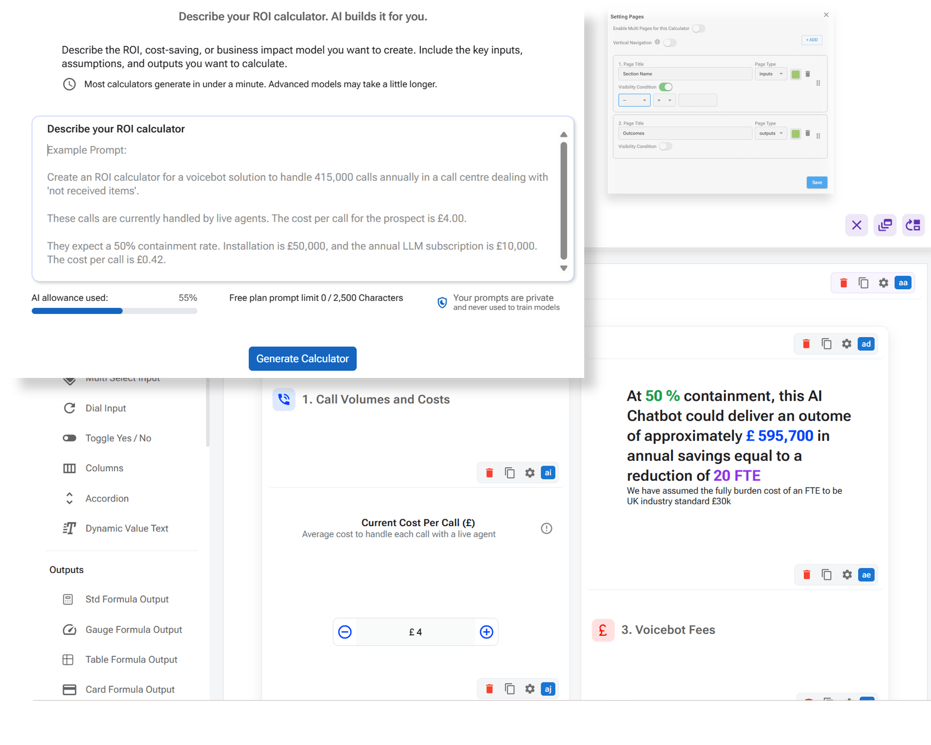 User interface of an AI-powered ROI calculator builder with cost inputs, call volumes, and expected savings data.