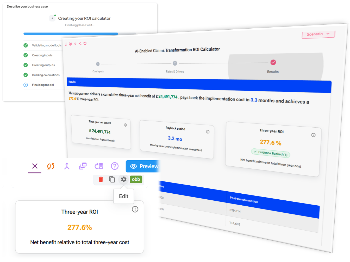 Ekphrastic interactive ROI calculator showing business case results and financial impact metrics