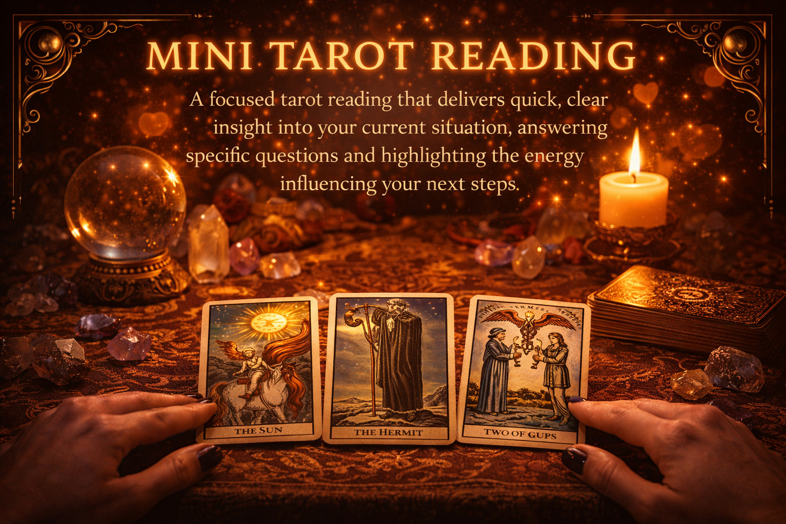 Tarot cards spread on table with candles for quick mini tarot reading.
