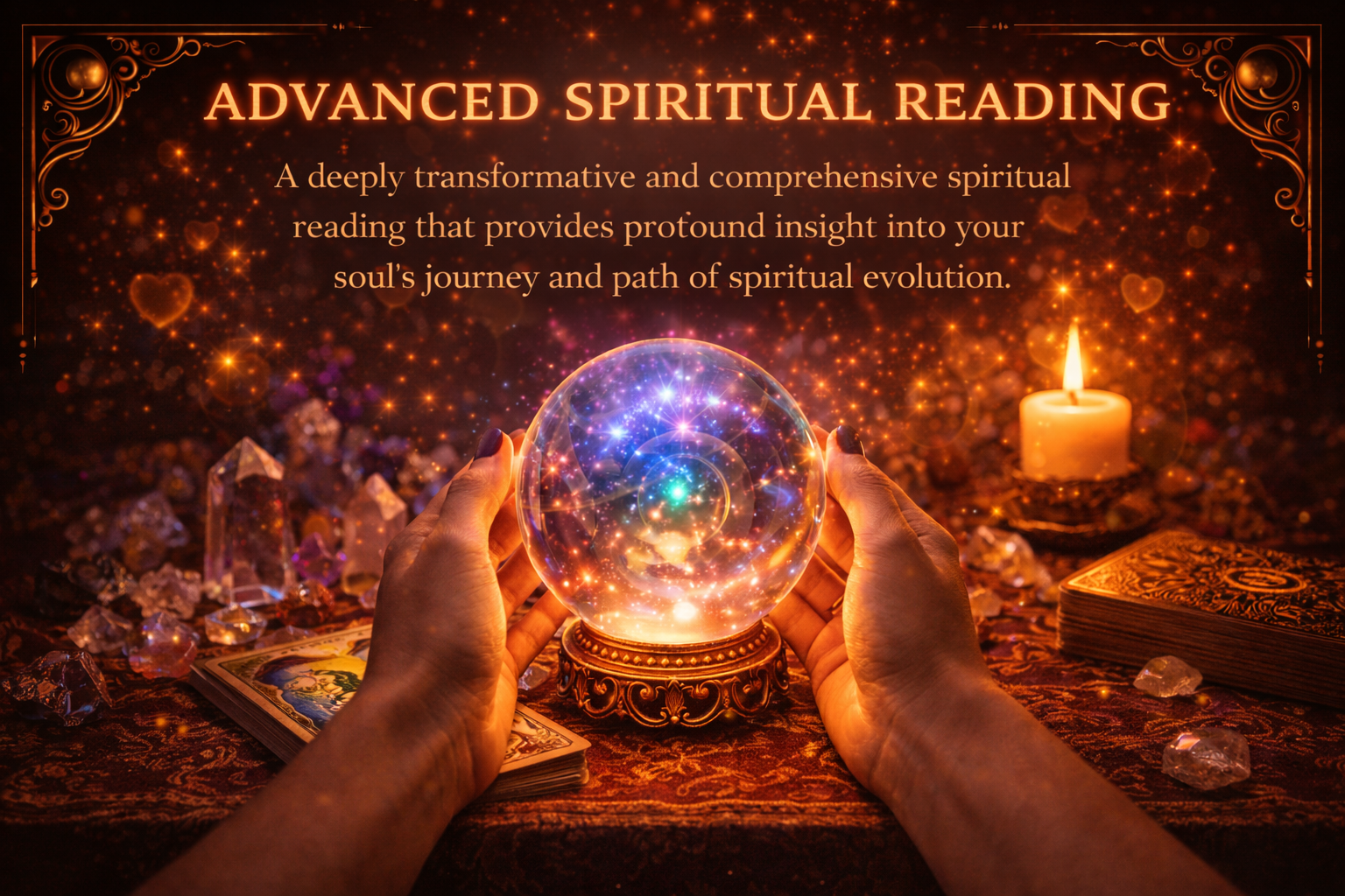 Hands holding glowing crystal ball during advanced spiritual reading.