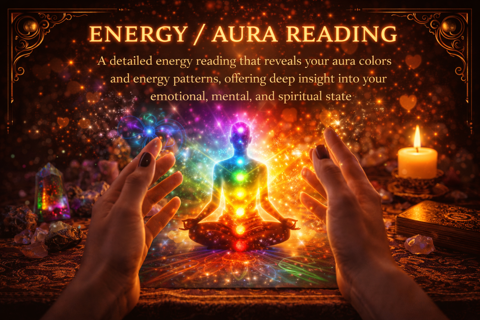 Spiritual aura visualization with glowing energy field and candles.