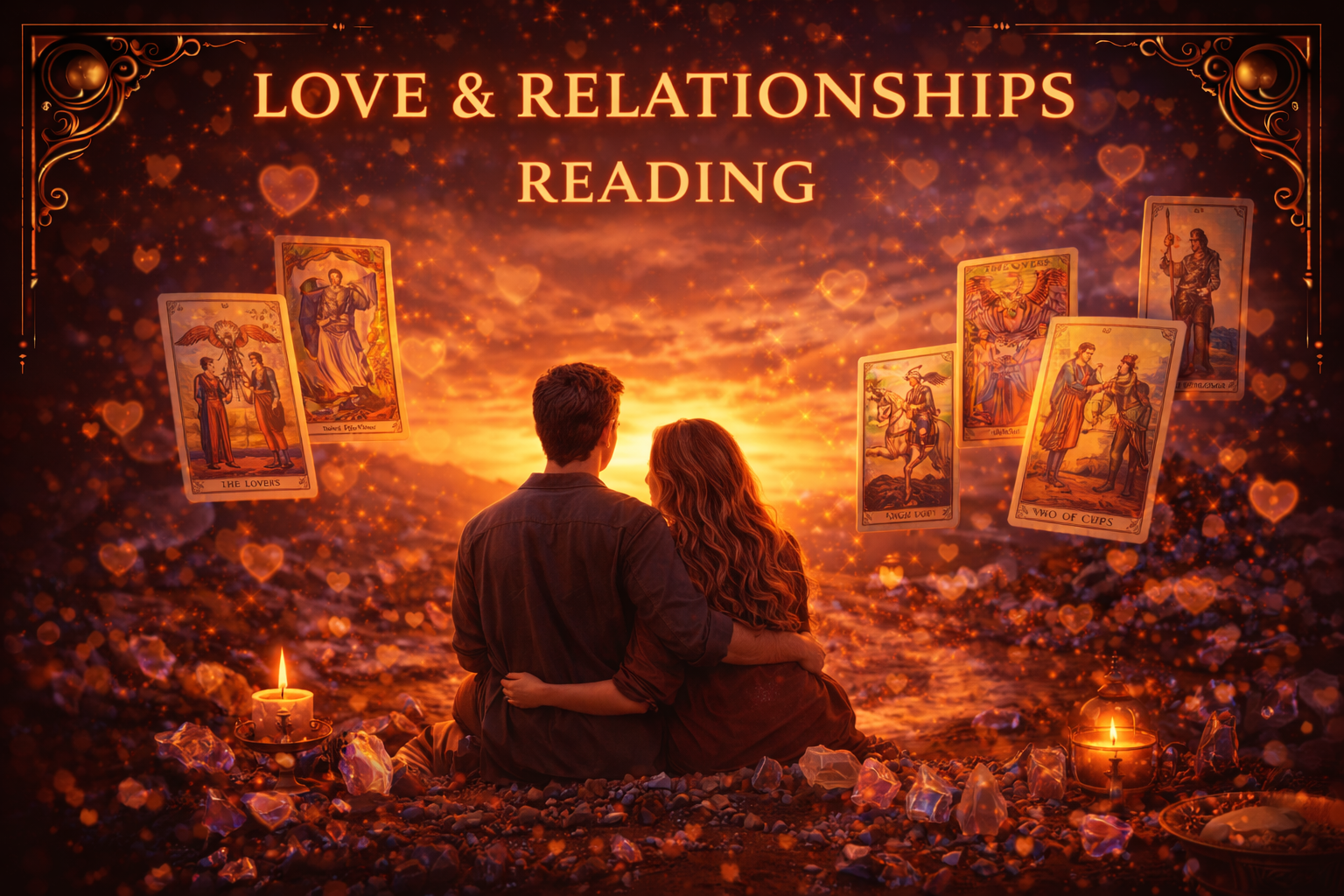 Romantic couple illuminated by candlelight during love tarot reading.
