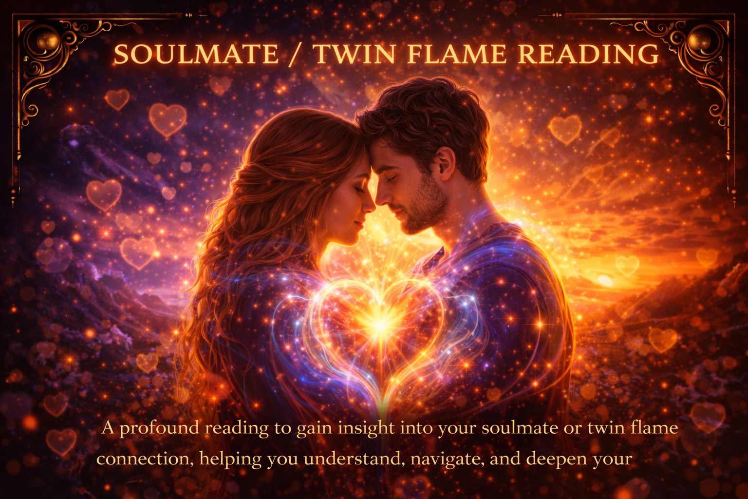 Couple surrounded by glowing heart energy symbolizing soulmate connection.