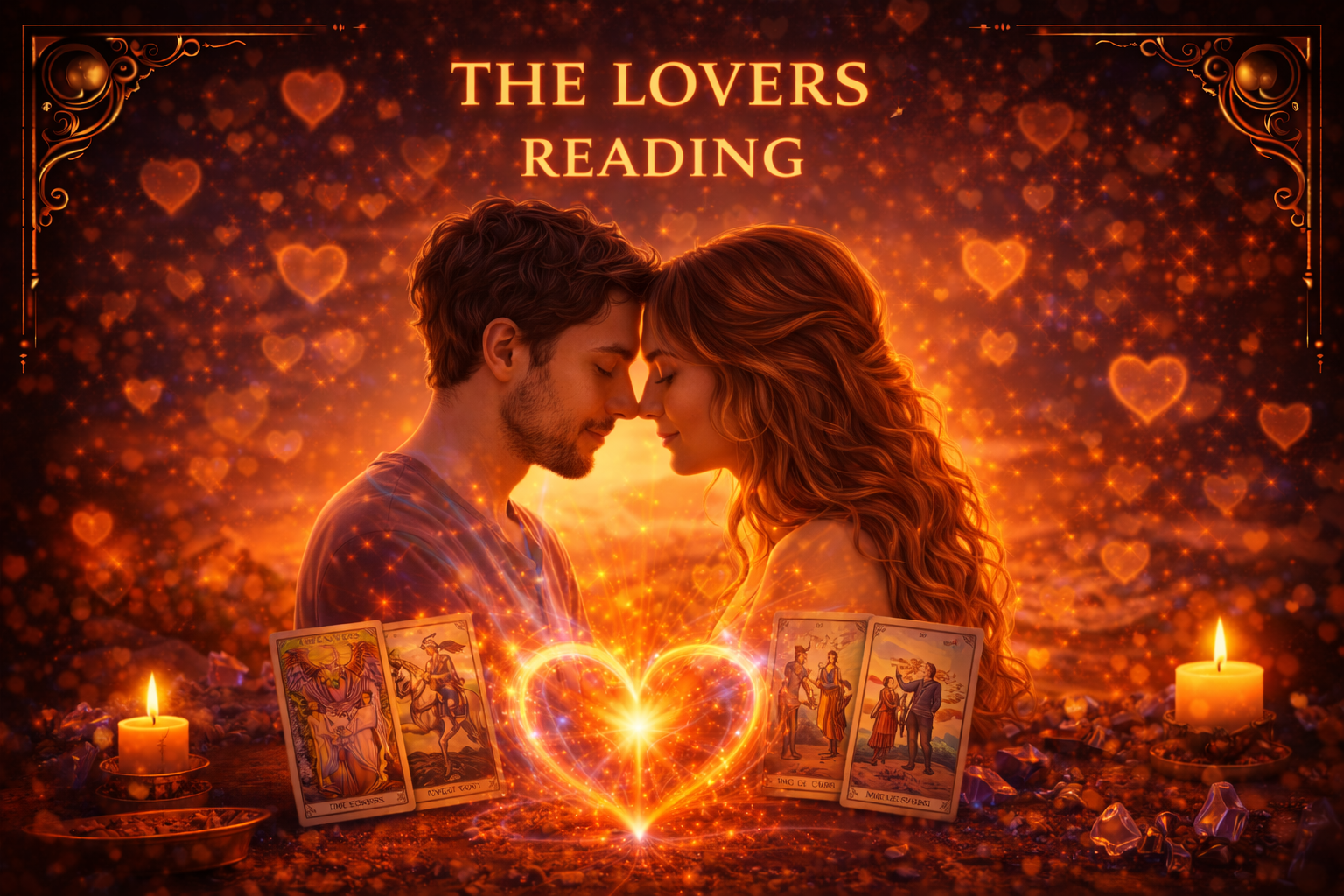 Couple facing each other under heart-shaped glow during relationship reading.
