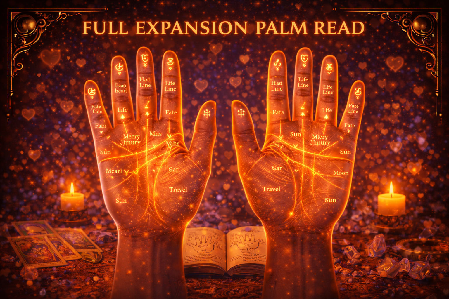 Two illuminated palms during detailed palm reading session.