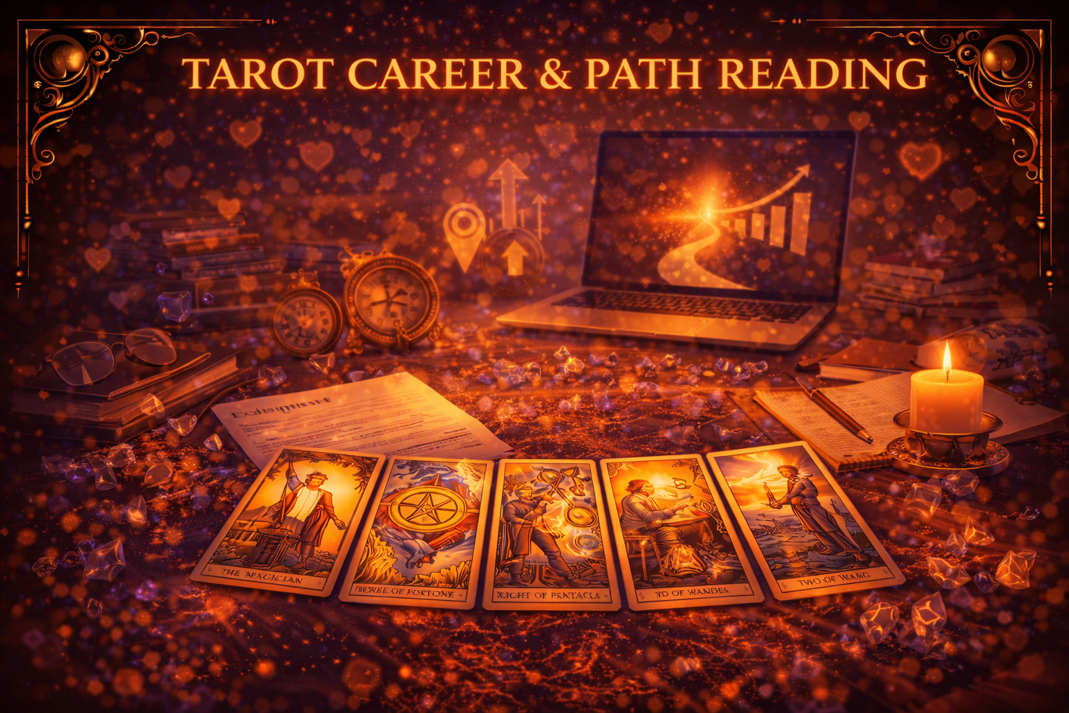 Tarot cards beside laptop symbolizing career and life path reading.