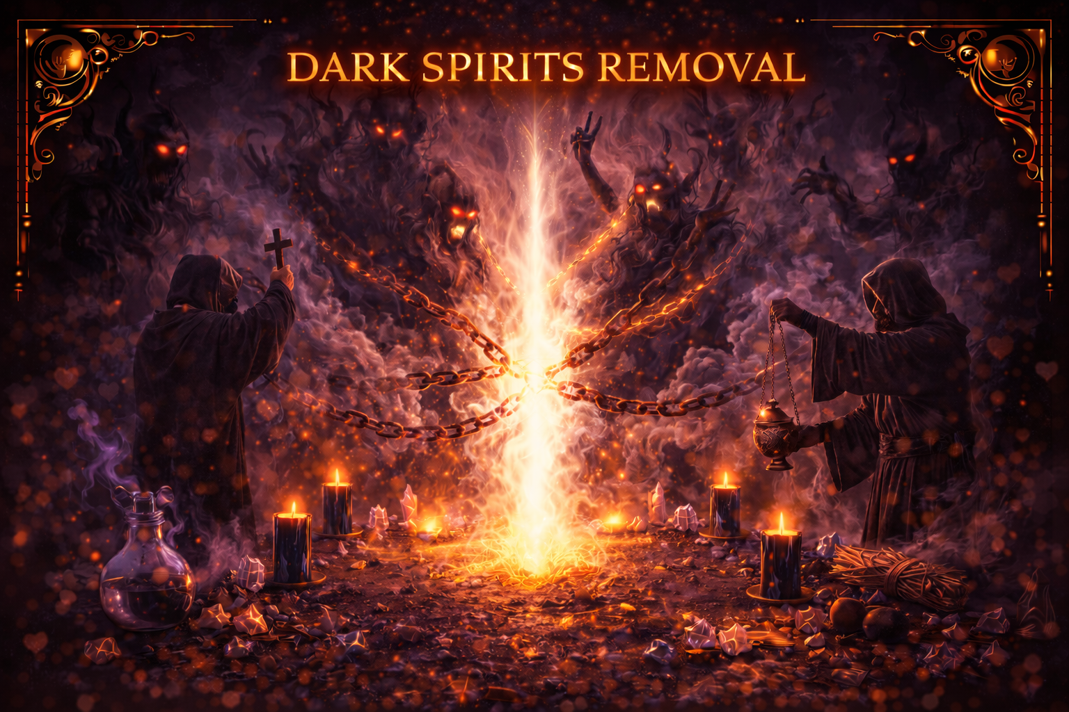 Bright spiritual light breaking through darkness during removal ritual.