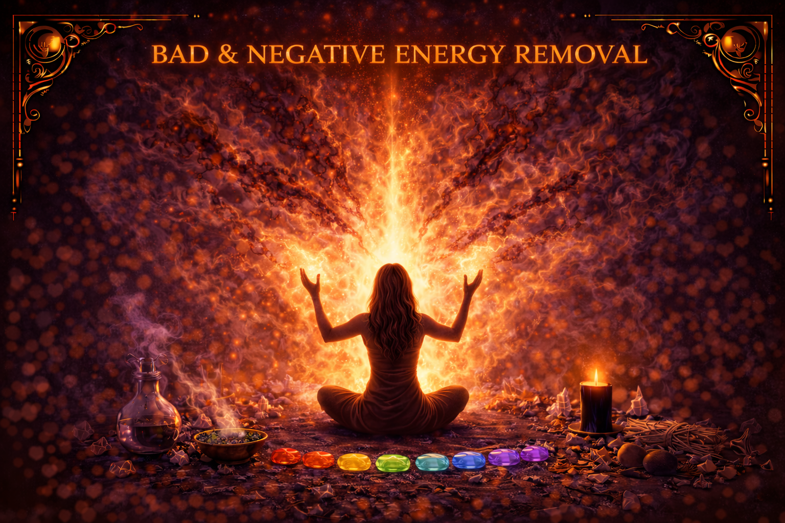 Person surrounded by radiant light symbolizing negative energy clearing.