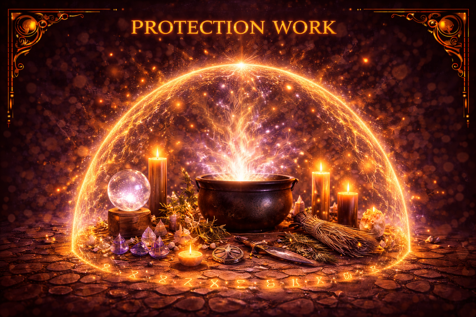 Spiritual protection dome over ritual tools and candles.