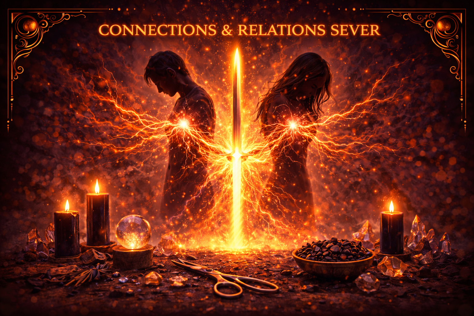 Bright energy cord being cut symbolizing severing unhealthy attachments.