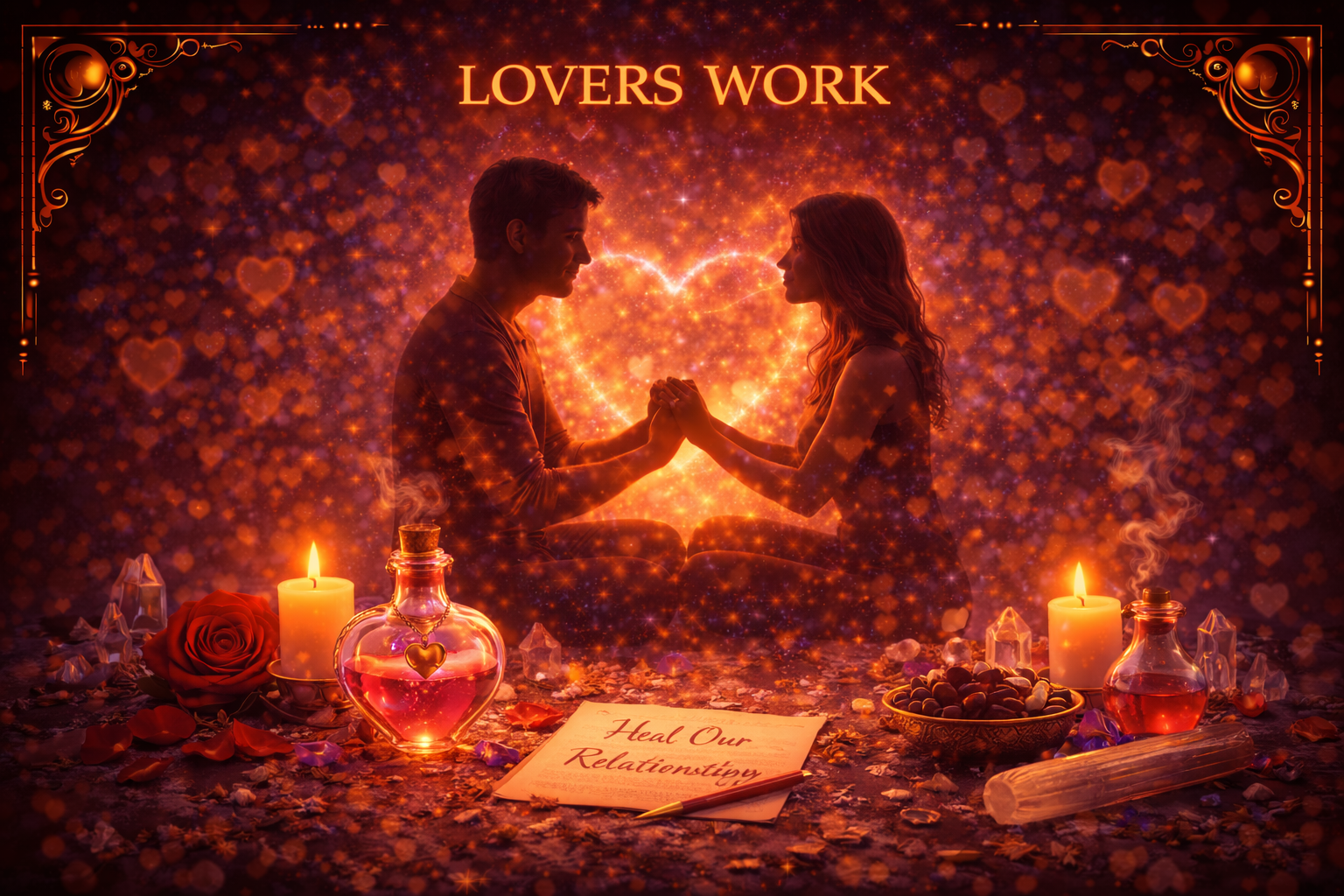 Couple holding hands under glowing heart during love strengthening ritual.