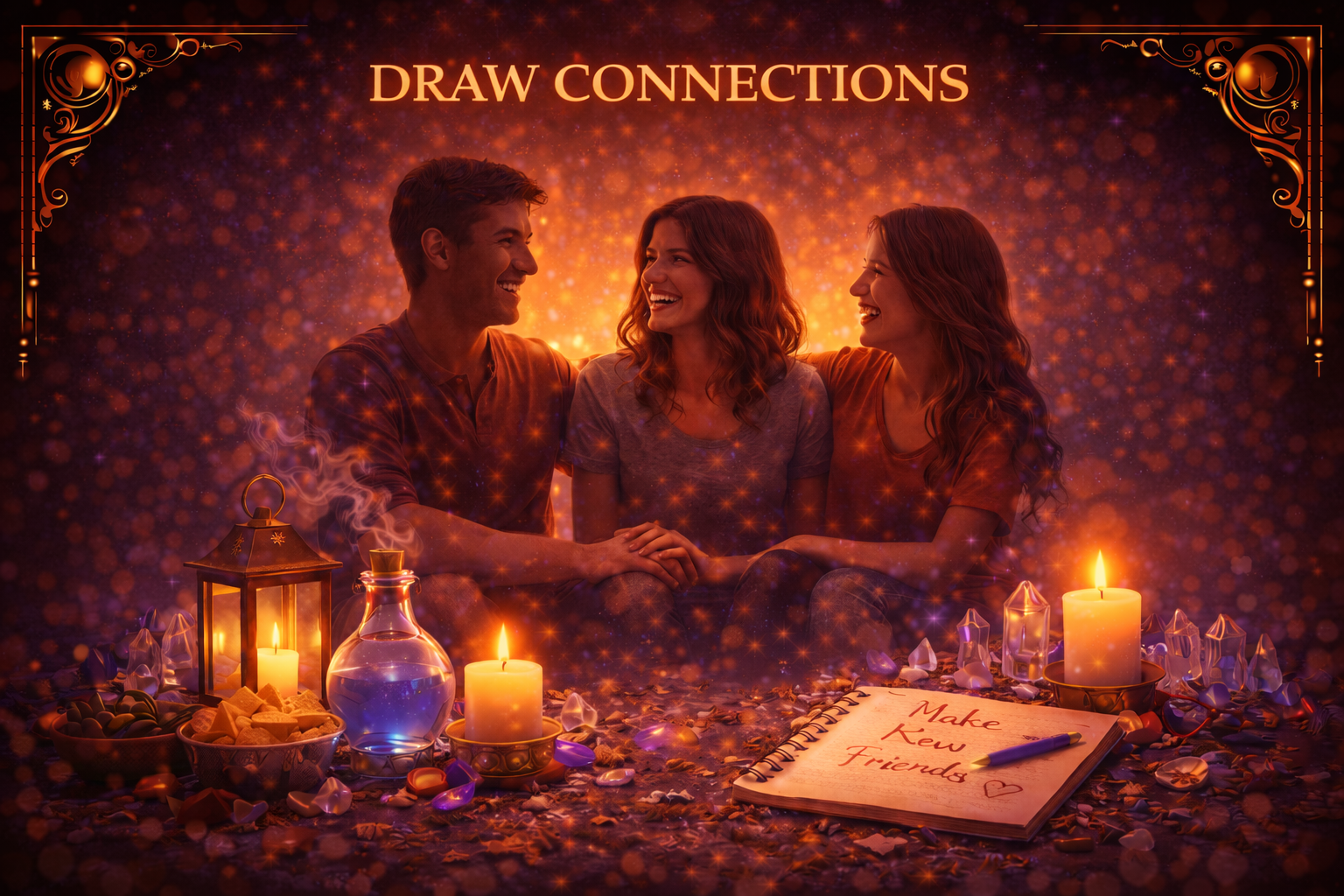 Couple smiling under soft glow representing attraction of new connections.