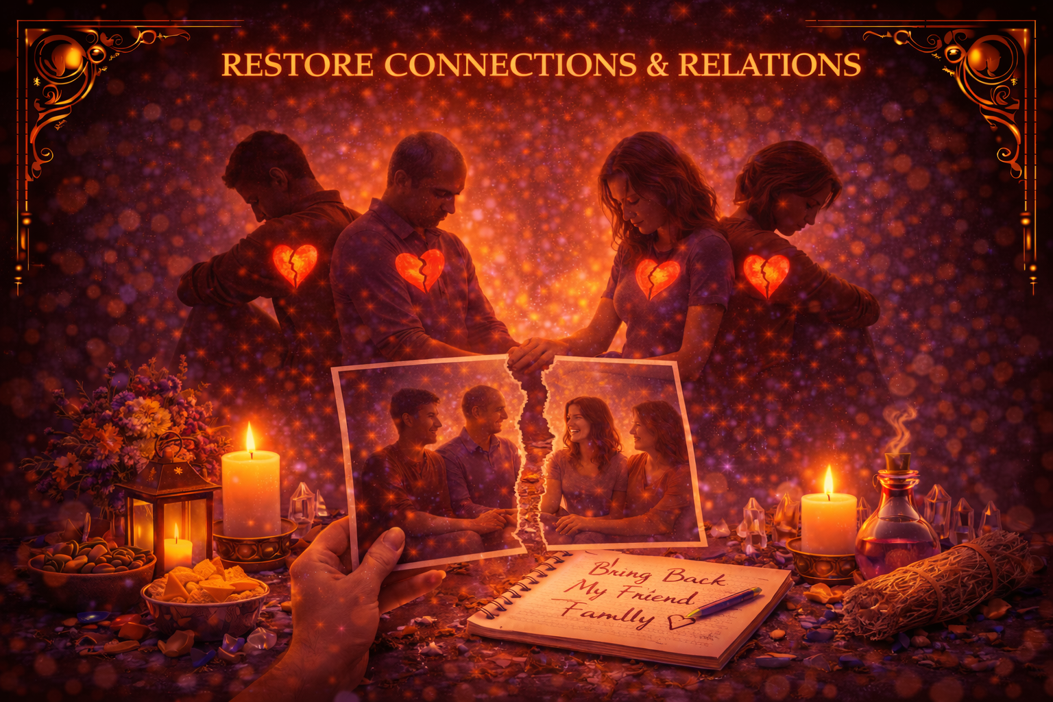 Old photograph illuminated during relationship restoration ritual.