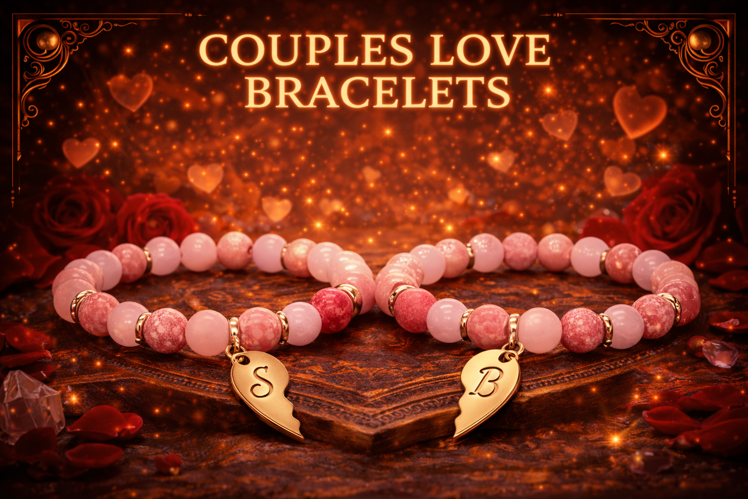 Pink love bracelets displayed with roses and romantic candlelight.
