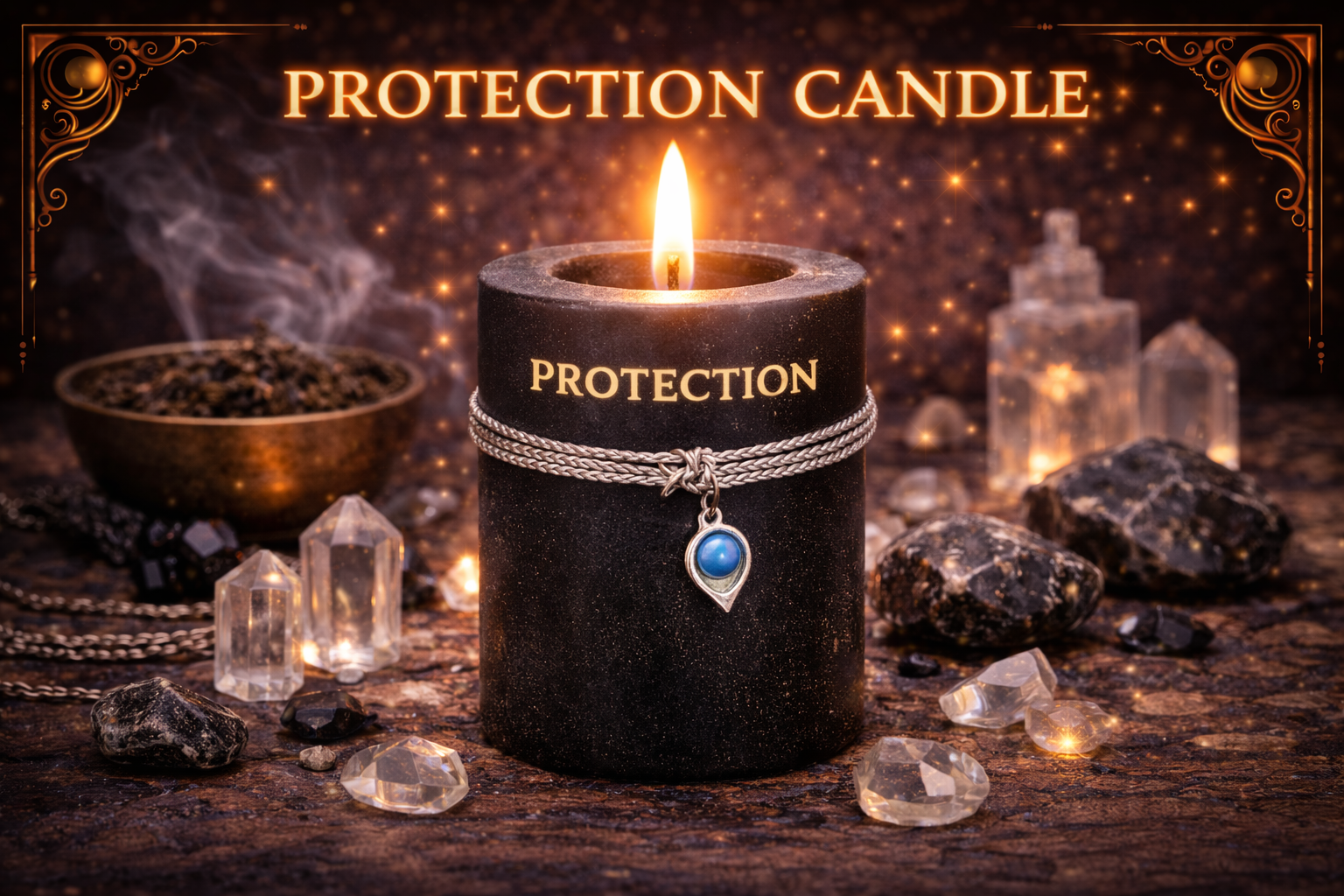 Black protection candle surrounded by grounding stones.