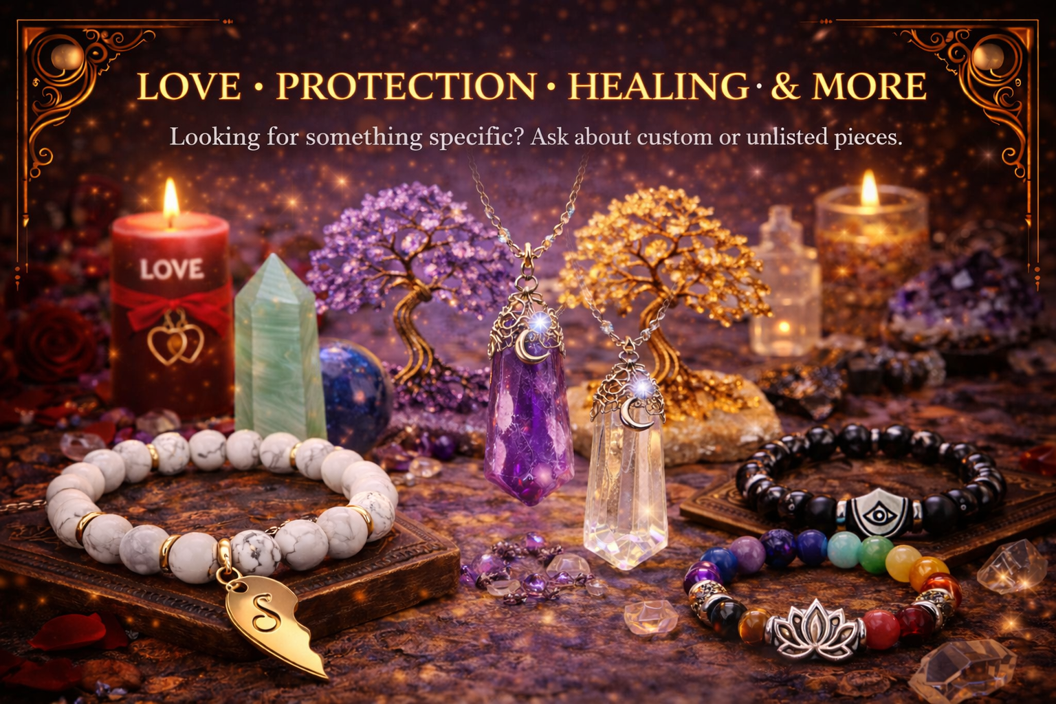 Assorted spiritual jewelry and crystals available for custom requests.