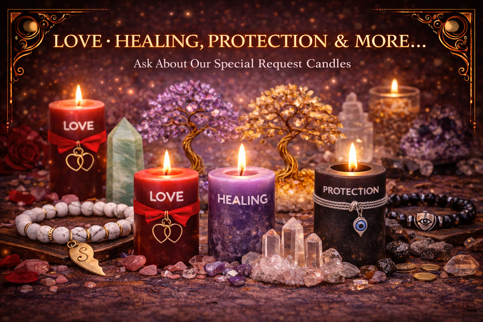 Assorted spiritual candles for love, healing, and protection rituals.