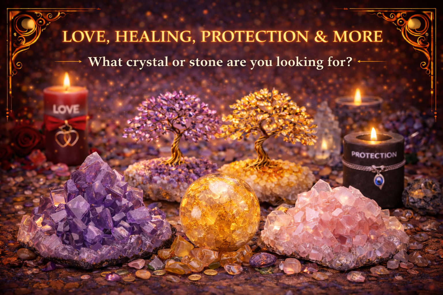 Assorted healing crystals and stones displayed for custom selection.