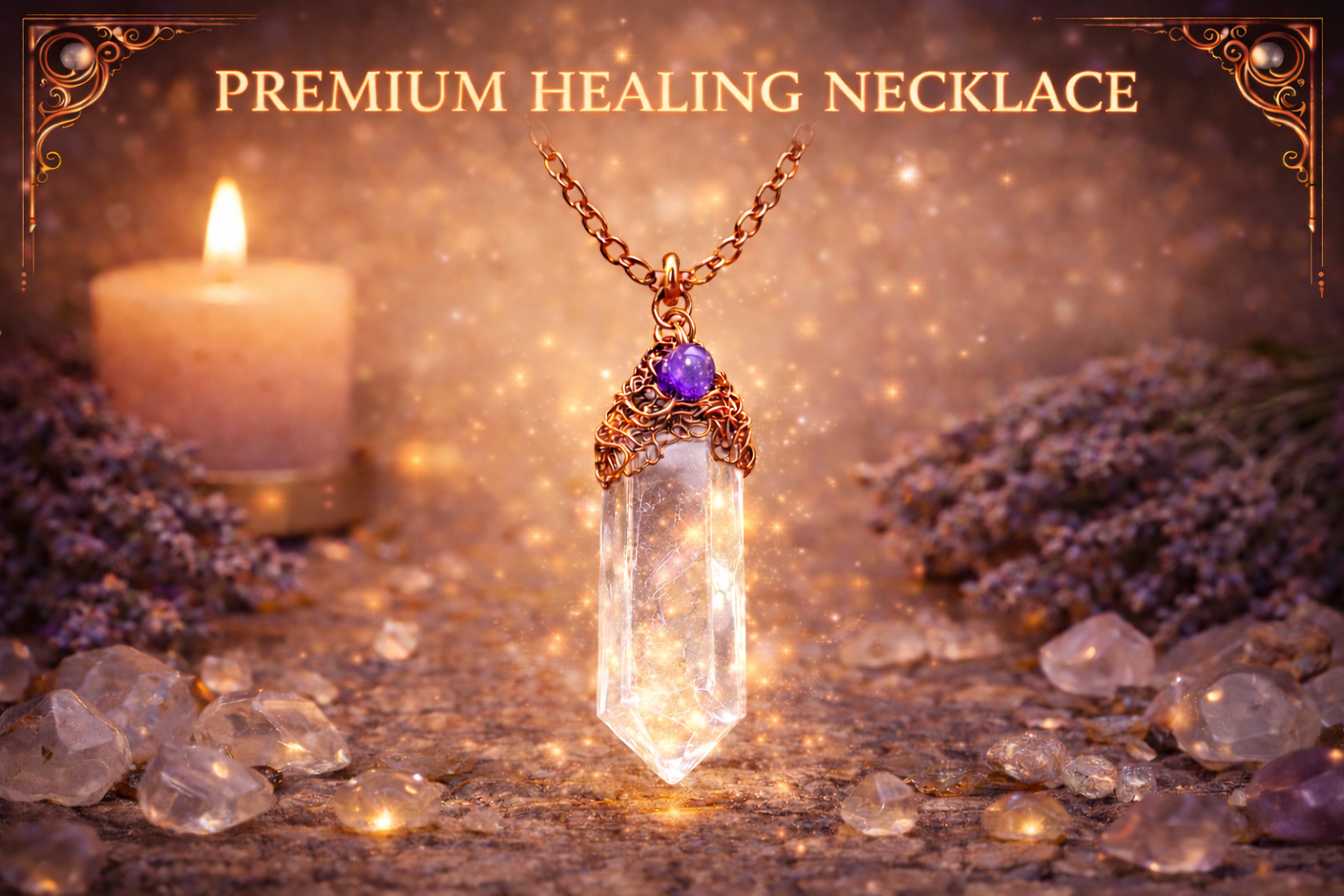 Clear quartz and amethyst healing necklace beside candle and crystals.