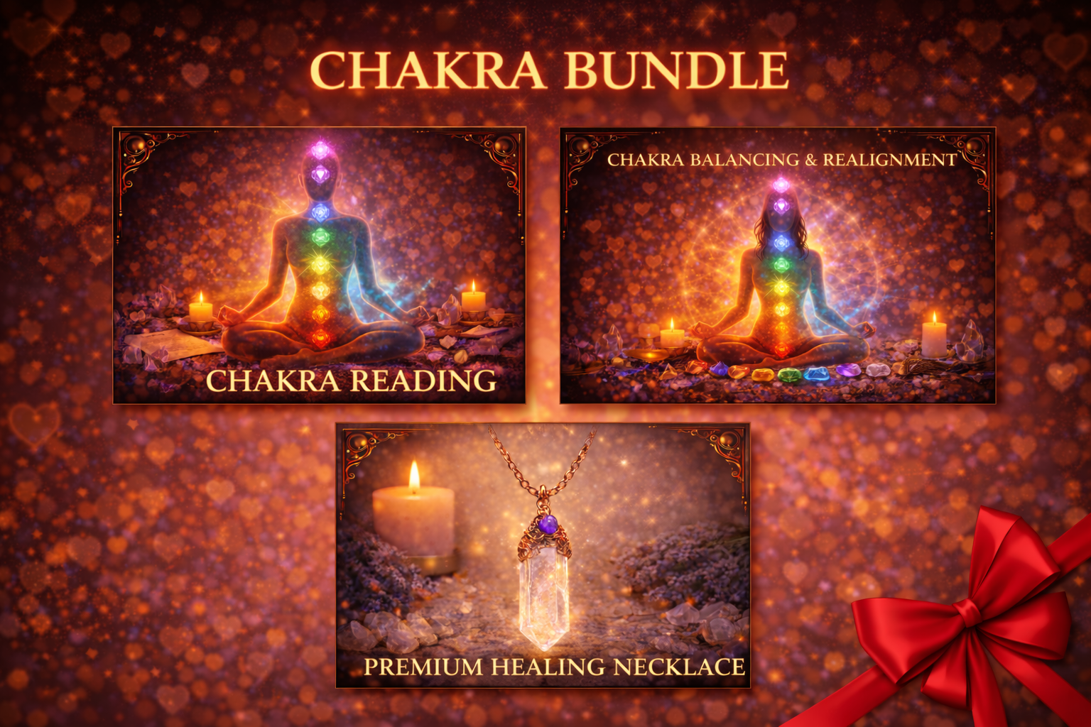 Chakra alignment bundle with healing necklace and energy tools.