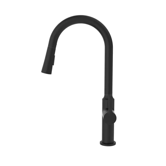 Matte black kitchen faucet with a high curved spout and single lever handle.