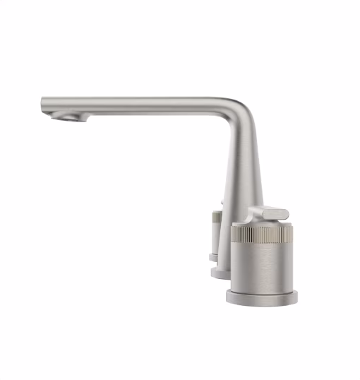 Shiny silver curved faucet with a single handle on white background.