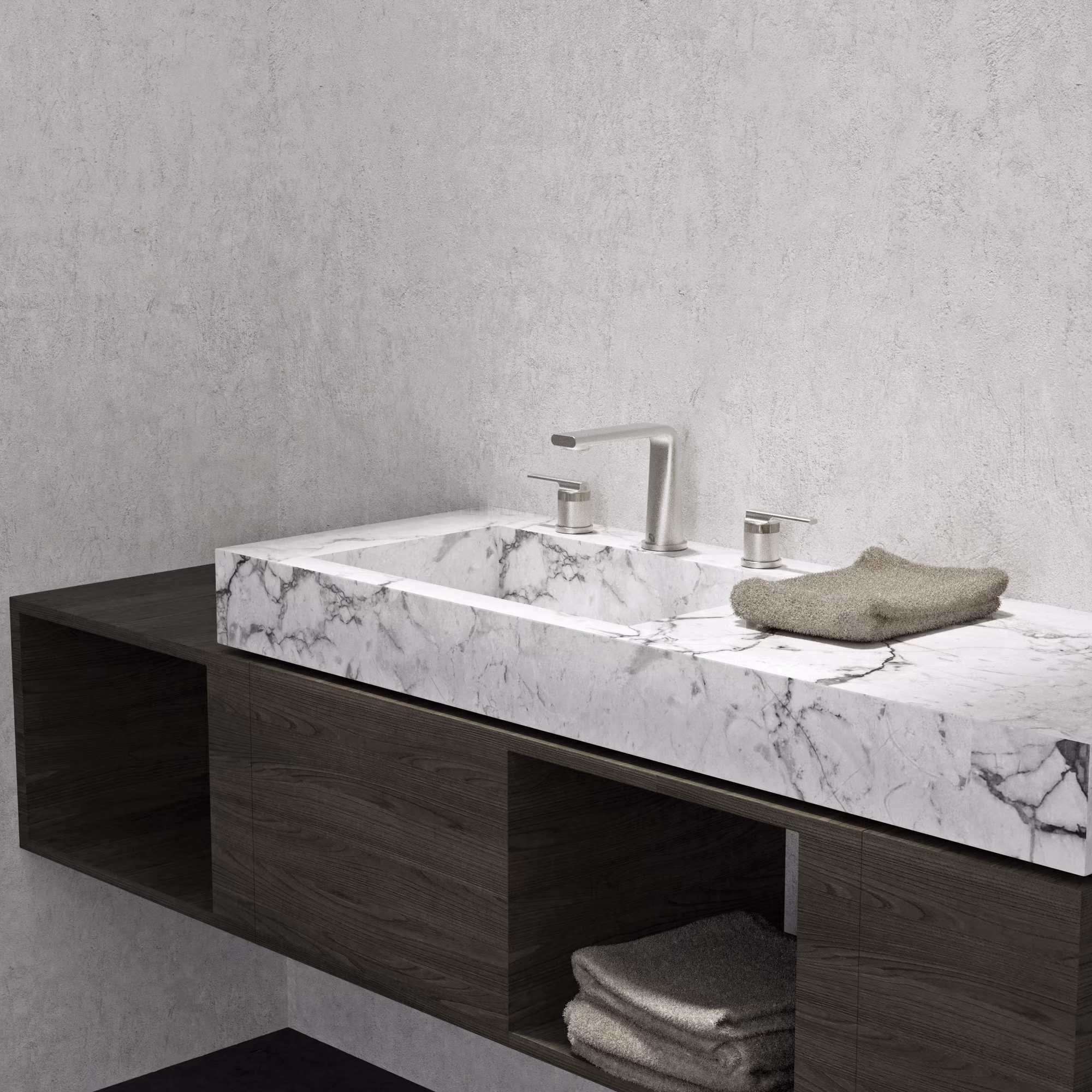 Modern black marble vessel sink with a tall matte black faucet on a wooden countertop.