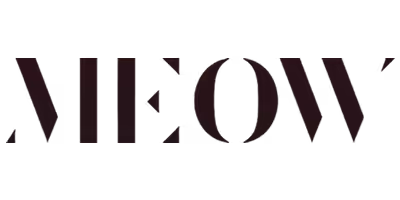 Black text logo displaying the word 'MEOW'.