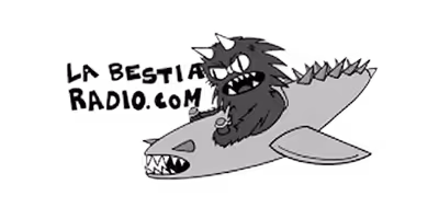 Black and white cartoon of a furry monster riding an angry shark with sharp teeth, next to text 'LA BESTIA RADIO.COM'.