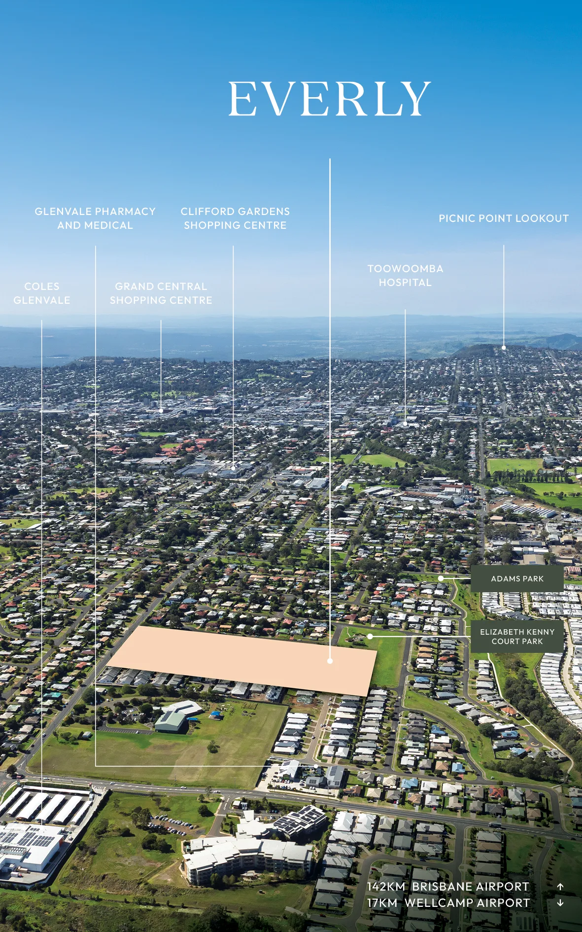 Aerial photograph of Toowoomba showing Everly's close position to local amenities.
