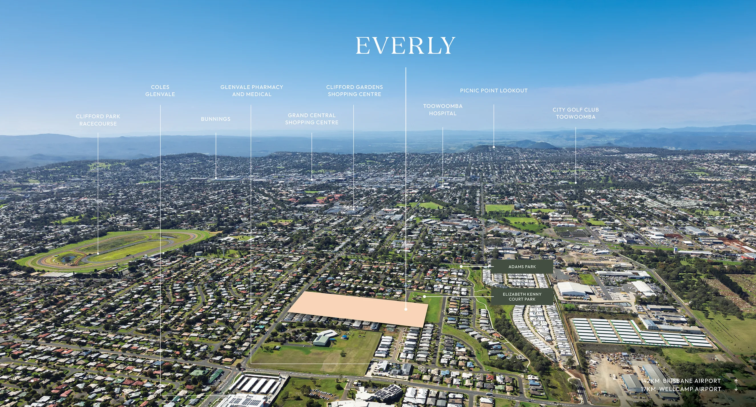 Toowoomba aerial photograph with Everly's location marked on it