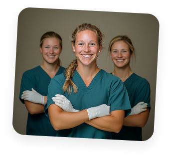 Employés de Staff Santé - Trois professionnelles de la santé souriantes portant des uniformes verts et des gants blancs, posant avec les bras croisés. - Image généré par intéligence artifitiel.