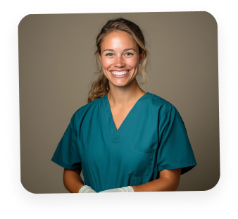 Jeune professionnelle de la santé souriante portant une blouse médicale verte et des gants blancs.