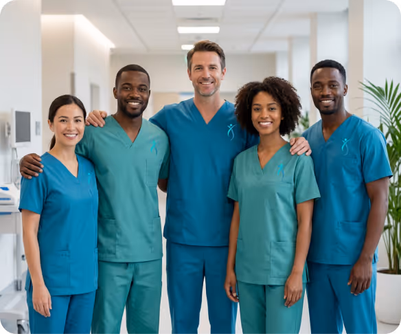 Employés de Staff Santé - Cinq professionnels de la santé souriants portant des uniformes médicaux verts et bleus dans un environnement clinique lumineux. - Image généré par intéligence artifitiel.