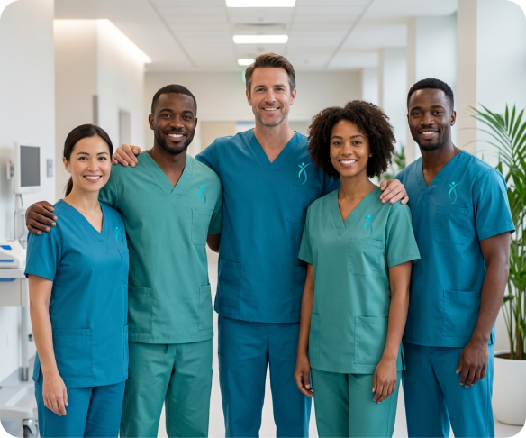 Employés de Staff Santé - Cinq professionnels de la santé souriants portant des uniformes médicaux verts et bleus dans un environnement clinique lumineux. - Image généré par intéligence artifitiel.