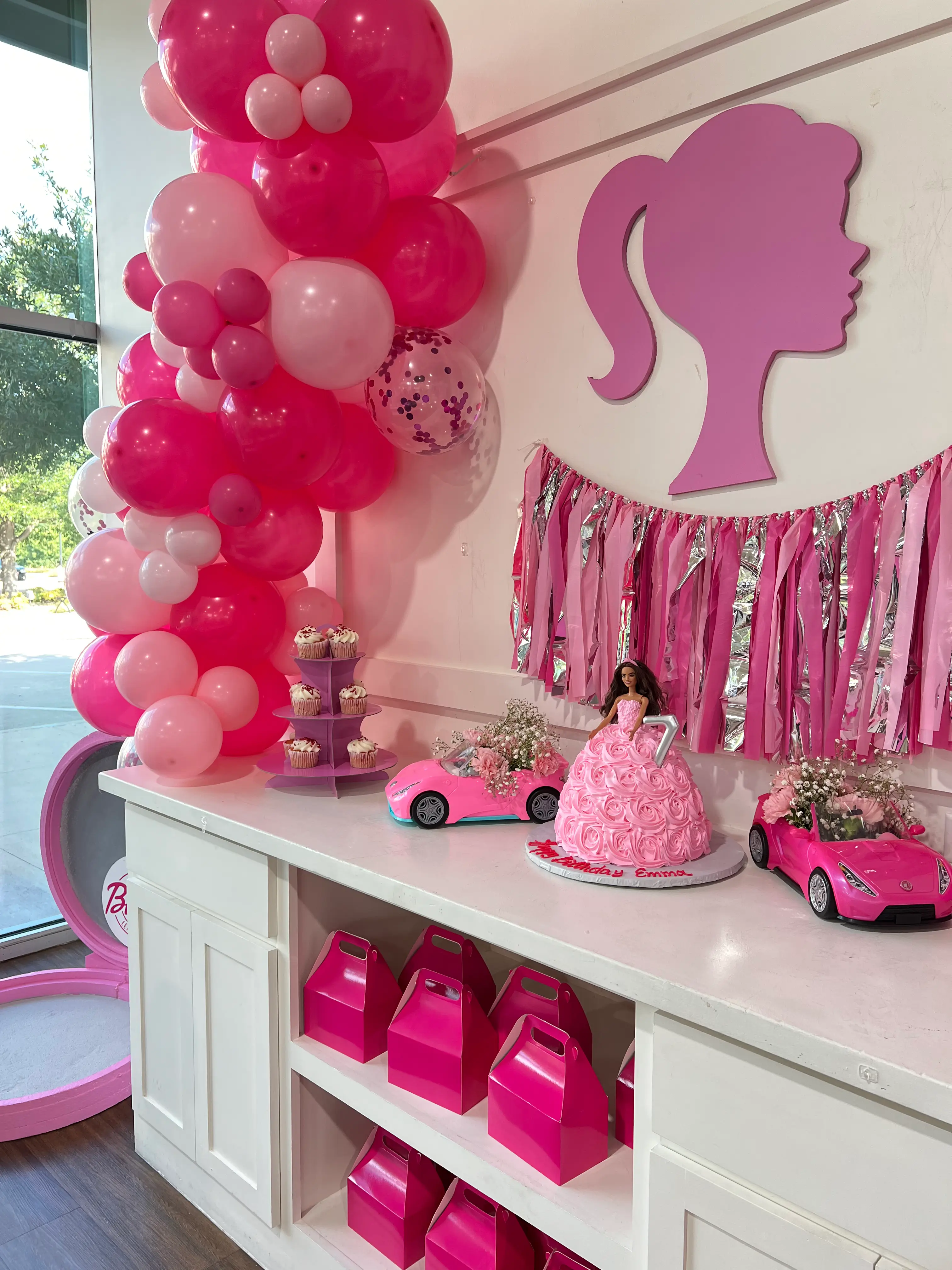 Pink fringe streamer rope decor rental in Dallas Lake Highlands