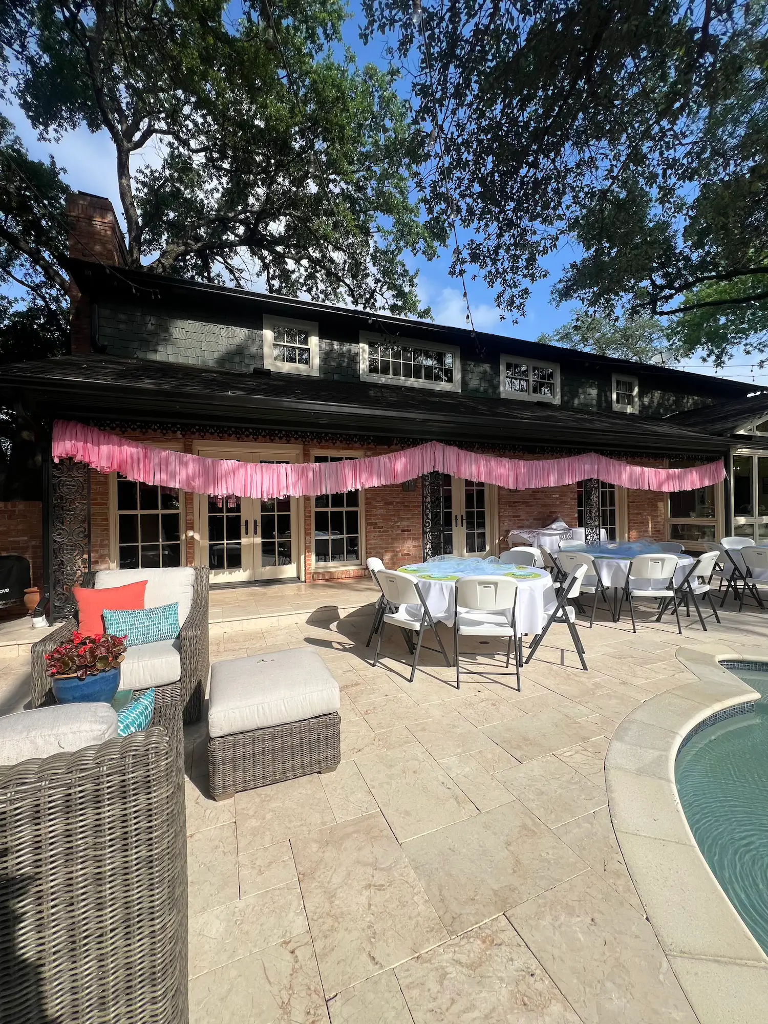 Pink fringe streamer rope decor rental in Dallas Lakewood