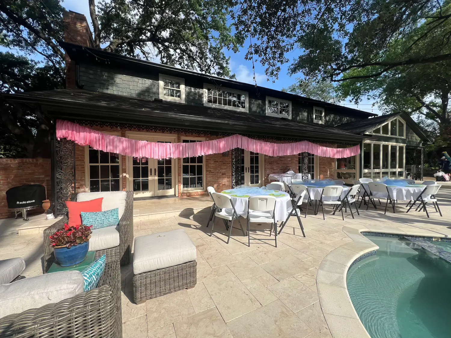 Pink fringe streamer rope decor rental in Dallas Lakewood