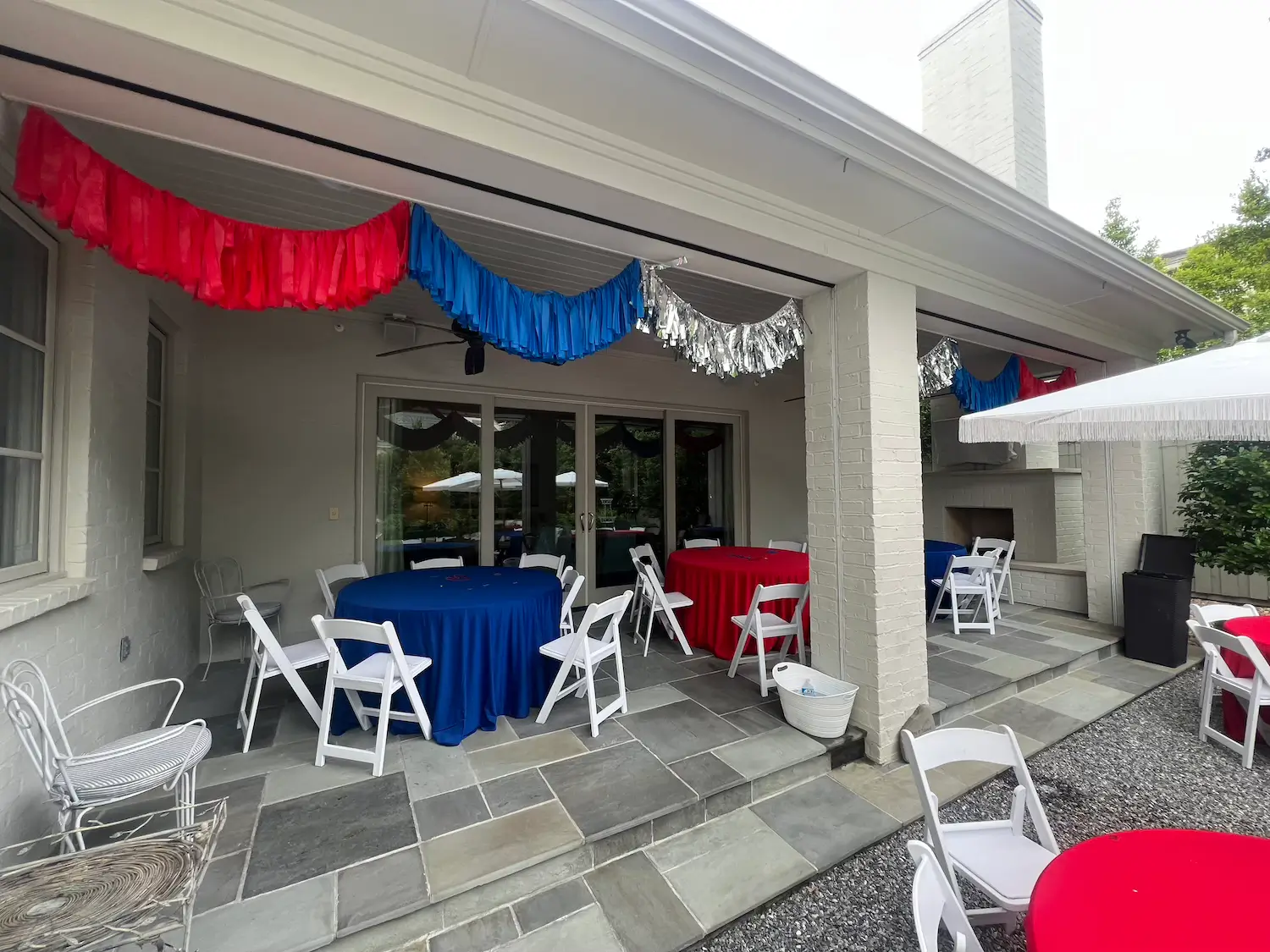 Red blue silver fringe streamer rope decor rental in Dallas University Park