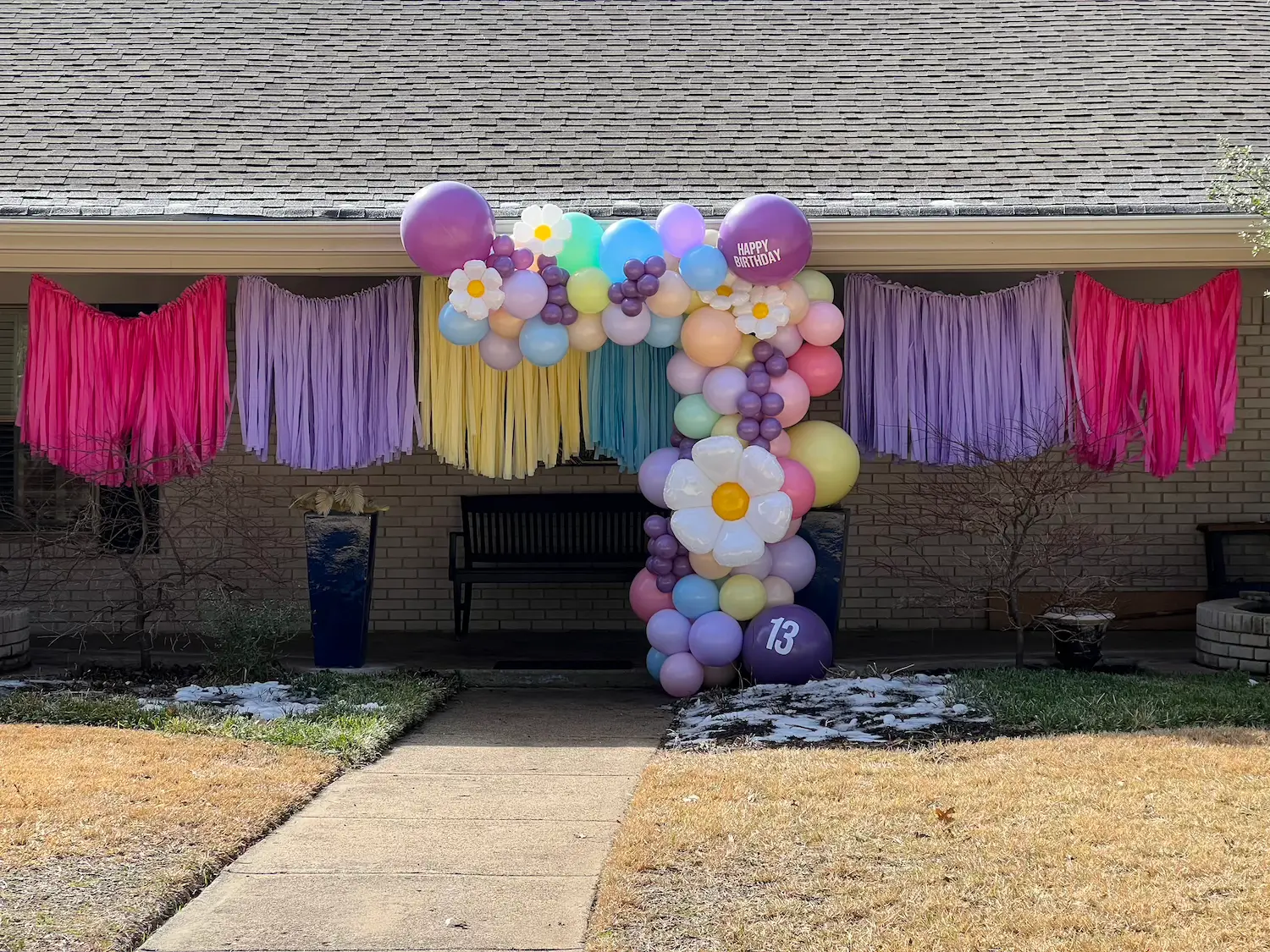 Pink purple yellow blue fringe garland rentals in Dallas for birthdays