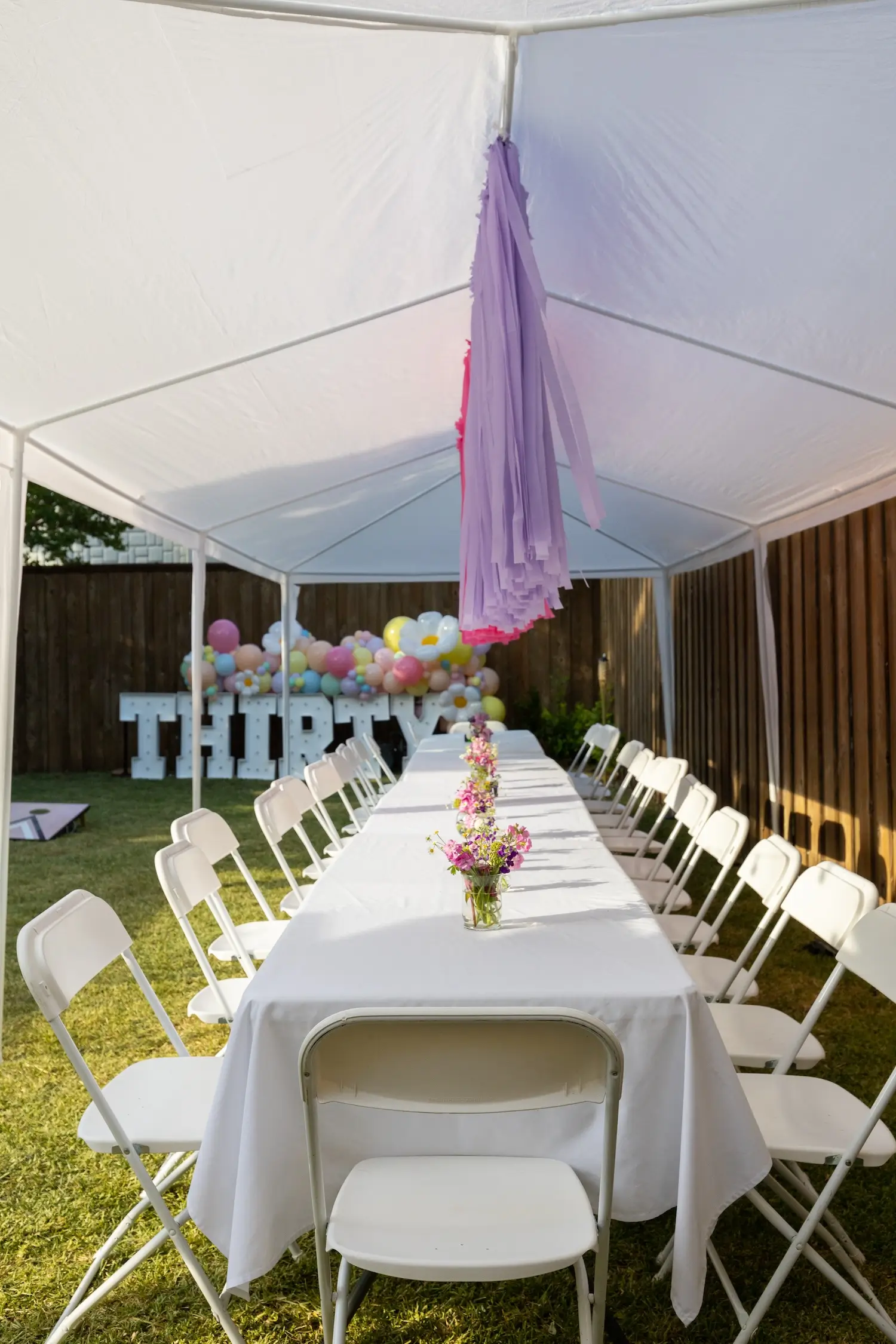 Pink purple yellow blue fringe garland rentals in Dallas for birthdays