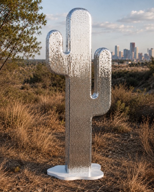 Disco mirror cactus rental with the Downtown Dallas in the background