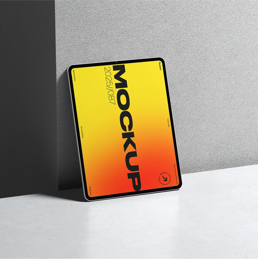 Bright yellow tablet mockup standing upright against a gray background.